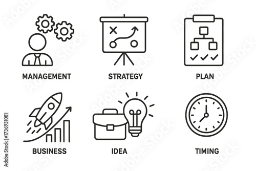 Business management and project strategy icon set. Vector line icons for startup launch, planning, idea innovation, and timing. Thin line pictogram collection for web design.