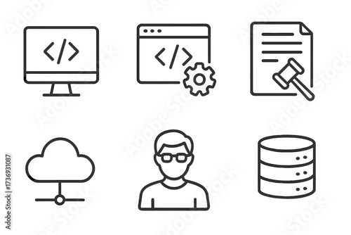 Programming and coding line icon set. Software development, data management, cloud computing, legal compliance concepts. Programmer, database, web development vector icons.