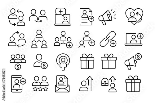 Refer a friend line icon set for a referral marketing program. Customer loyalty and affiliate strategy concepts. Pictograms for inviting friends, partnership, network, and promotion.