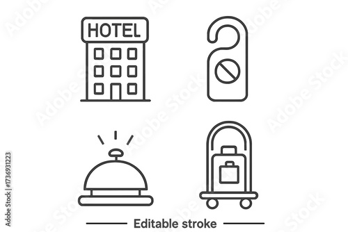Hotel service line icons set. Hospitality, travel, tourism concepts. Includes hotel building, reception bell, do not disturb sign, and luggage cart. Editable stroke vector symbols.