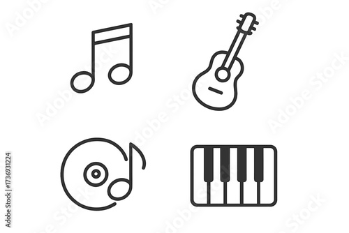Music icon set vector. Line art symbols. Guitar, piano, musical note, audio disc. Sound, melody, song concept. Music education, school, hobby. UI UX web app elements.