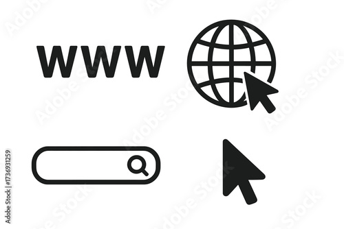 Web internet icon set. www, globe, search bar, cursor. Browser elements for website and mobile app design. Go to web symbol. Online surfing and connection concept vector.