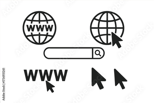 Website and internet browser icon set. WWW globe, web search bar, and mouse cursor elements. Vector for online connection, global network, http address, and webpage concepts.