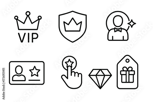 VIP icon set. Premium member and exclusive access line icons. Includes crown, diamond, shield, and loyalty card. Vector graphic for luxury brand, royalty service concepts.