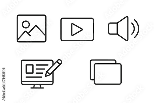 Web content creation icon set in thin line style. Vector collection of media symbols: photo, video, audio, blogging, copy file. Editable stroke outline pictogram pack.