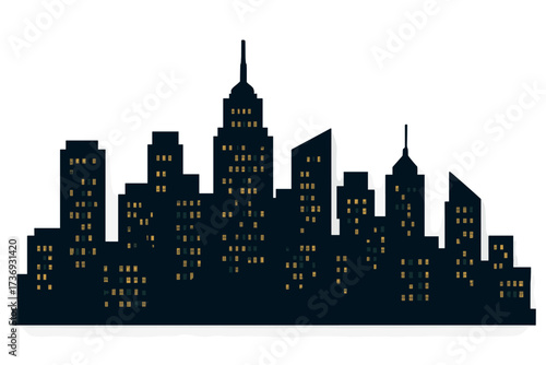 City skyline silhouette at night. Vector illustration of a modern cityscape with glowing windows. Urban architecture background. Downtown panorama with skyscrapers and buildings.