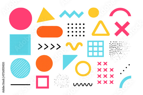 Abstract geometric shapes set. Colorful Memphis design style elements. Retro 80s 90s trendy graphic objects for web, vintage advertisement, poster, sale banner. Vector.
