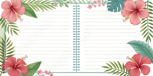 Tropical Notebook Floral Arrangement: A stunning tropical-themed notebook design featuring vibrant pink hibiscus flowers, lush green palm leaves, and a delicate notebook spine.