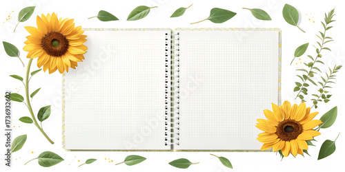 Floral Journal: A vibrant notebook adorned with sunflowers and leaves, opening its pages to invite your creative endeavors and writing inspiration.