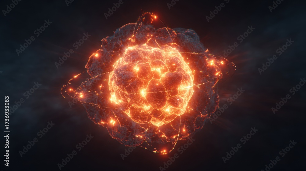 Fototapeta premium Explosive atomic reaction simulation virtual environment 3d visualization science concept digital art