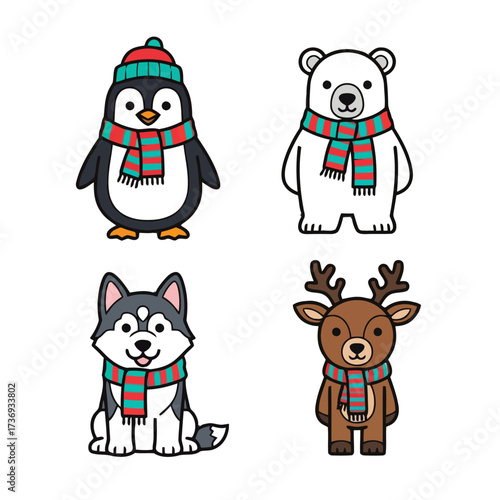Cute cartoon penguin, polar bear, husky dog, and reindeer wearing striped scarves and hats