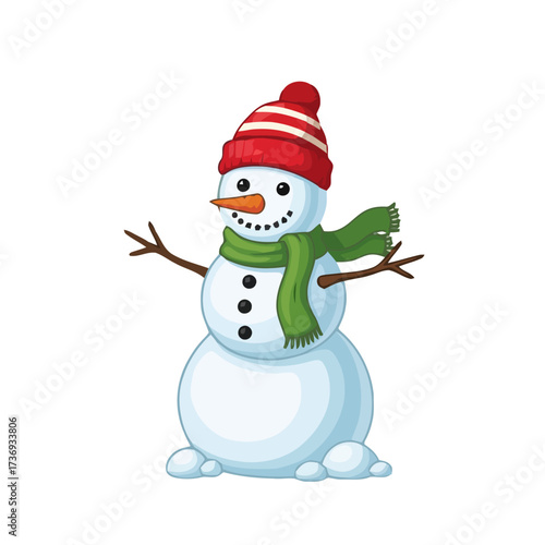 Charming cartoon snowman with red striped hat and green scarf, holding stick arms