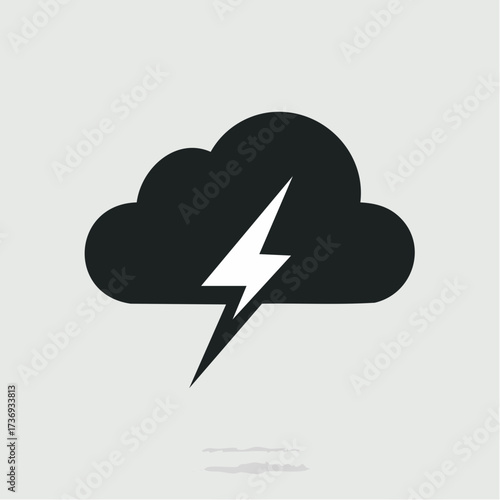 A minimalist black cloud with a bold white lightning bolt striking down, depicted in a modern flat design style, symbolizing severe weather and electricity, used for weather forecasting and 