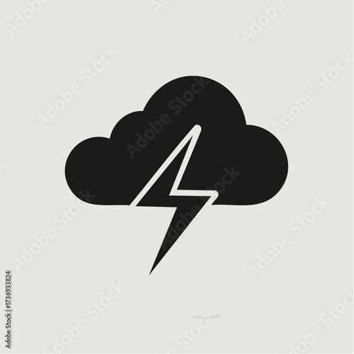 A simple, modern, minimalist black cloud with a white lightning bolt, symbolizing severe weather, stormy conditions, and dramatic climate change