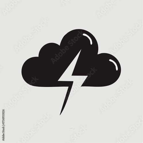 Black cloud with white lightning bolt, minimalist weather icon, symbolizing stormy weather conditions, vector graphic element