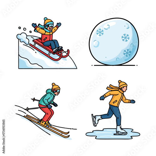 Set four cartoon illustrations depicting winter activities child sledding down snowy hill, large snowball, person skiing, and person ice skating