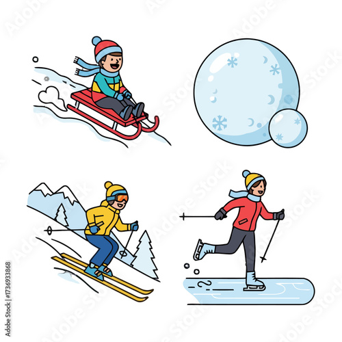 Set four cartoon illustrations depicting winter activities child sledding down snowy hill, two snowballs, person skiing down mountain, and person ice skating on frozen surface, all
