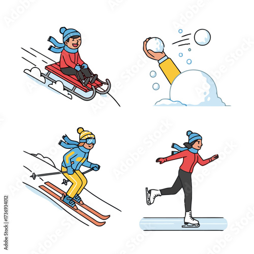 Four winter sport activities child sledding down snowy hill, hand throwing snowball, person skiing down slope, and woman ice skating on frozen pond