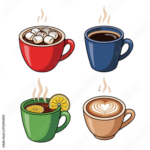 Collection four steaming mugs hot beverages, including hot chocolate with marshmallows, black coffee, mulled wine with lemon slices, and latte coffee