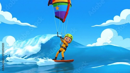 Surfing Cartoon Boy on Wave with Kite - Fun Seaside Adventure