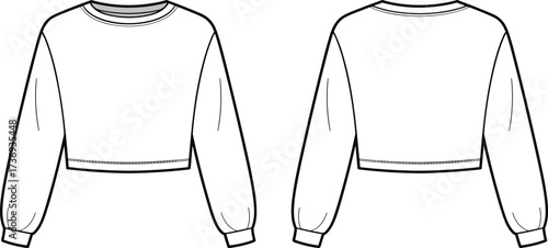 CAD drawing flat vector sweatshirt, fashion flat sketch, cropped long sleeve pullover design with cuff, technical garment illustration, apparel template design