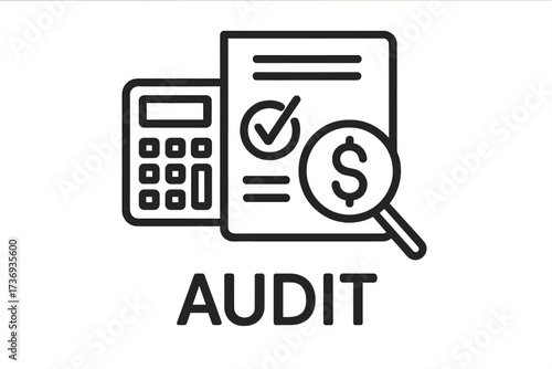 Audit web icon in line style. Financial assessment, business auditing concept. Investment calculation, data analytics, verification. Report with check mark, calculator and dollar sign.