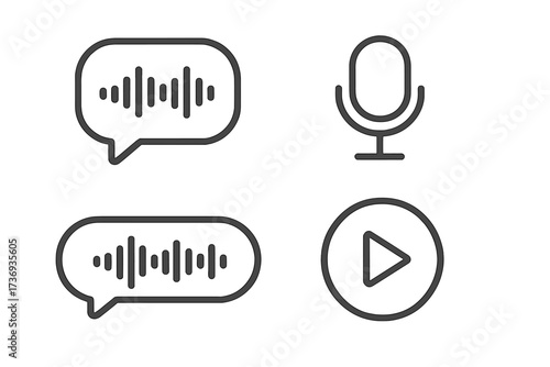 Voice message and audio chat icon set. Soundwave in bubble, microphone for recording podcast, and play button. Digital communication, voice assistant, and recorder symbols.
