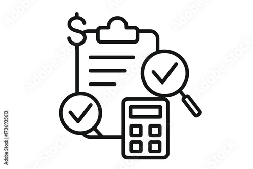Financial audit and assessment icon. Line art of budget calculation, investment analysis, and business report inspection. Accounting and compliance verification concept.