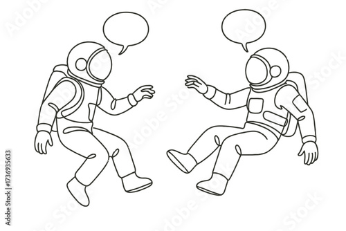 Two Astronauts in Space Zero Gravity Dialogue Line Art