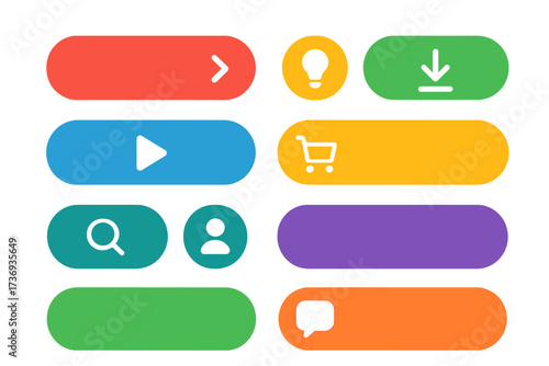 Colorful web button collection for UI UX design. Vector set of modern CTA buttons like read more, learn more, download, subscribe, buy now, sign up, and search.