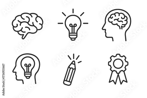 Creativity and brainstorming line icon set. Simple vector symbols collection for creative process, innovation, bright idea, learning, smart thinking, skill, and achievement.