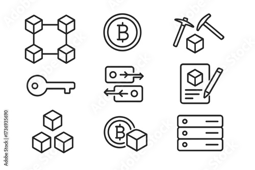 Blockchain cryptocurrency line icon set. Crypto technology, mining, key, transaction, smart contract icons. Digital money and finance pictogram collection for web and app design.