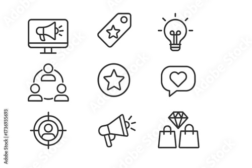 Branding and digital marketing web icon set. Line style icons for brand identity, promotion, target audience, social media engagement, collaboration, new ideas, and sales.