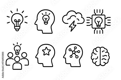 Creativity and innovation line icon set. Brainstorm, new ideas, and creative thinking concepts. Head, brain, light bulb, teamwork, AI technology, and inspiration symbols.