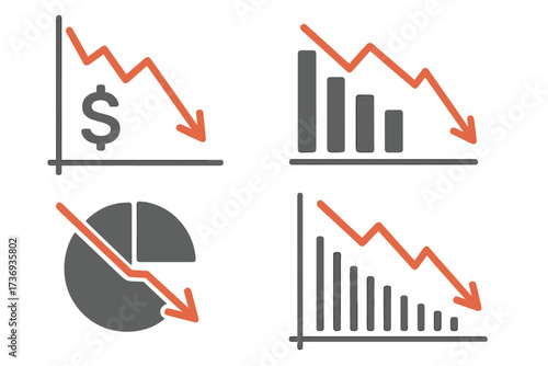 Financial crisis icon set. Business infographic templates showing economic recession, bankruptcy, money loss, and stock market crash. Vector charts and graphs with down arrow.