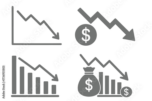 Financial crisis icon set. Business infographic chart and graph. Vector concept of economic recession, market crash, bankruptcy, money loss, budget reduction, investment fail.