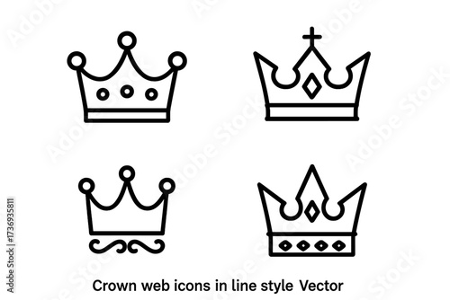 Crown icon set in thin line style. Royal king and queen jewelry symbol. Luxury, monarchy, power, heraldry sign. Princess and prince headwear. Simple outline vector logo.