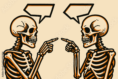 Two Skeletons Pointing Discussion Halloween Vintage Style Art