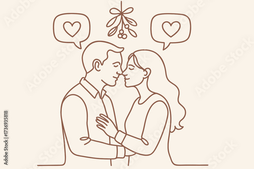 Romantic Couple Kissing Under Mistletoe with Heart Speech Bubbles, Continuous Line Drawing

