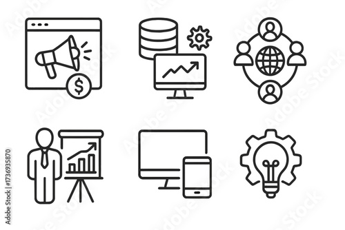 Business icons line set. Digital marketing, data analysis, social media, strategy presentation, innovation, information technology. Vector web pictograms collection for website.