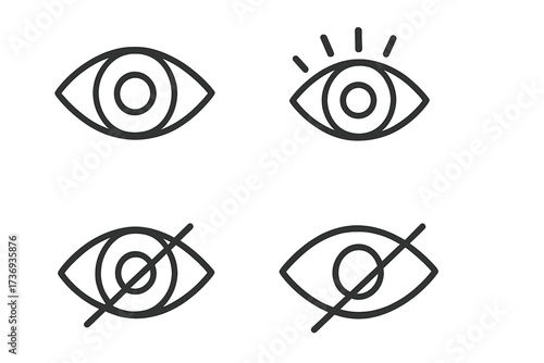 Eye icon set in thin line style. Show, hide, view, visible web buttons. Password visibility toggle. Sensitive content symbol. Vision, looking, privacy, secret vector signs.