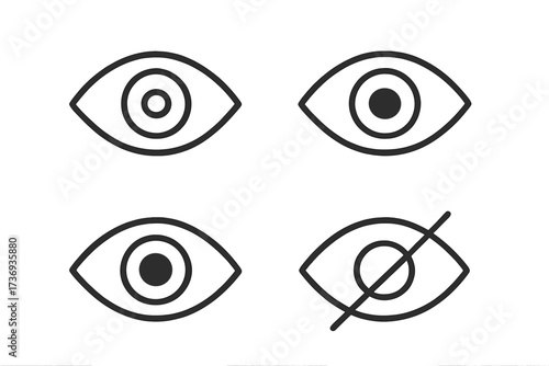 Eye icon set in thin line style. Vision, view, and visibility symbols. Show, hide, and password visibility toggle for UI design. Looking, see, watch concept. Vector illustration.