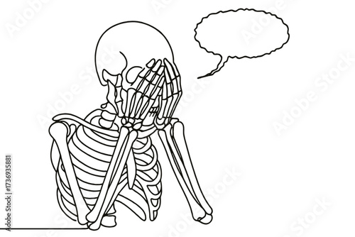 Human Skeleton Crying and Hiding Face with Blank Speech Bubble, Continuous One Line Drawing

