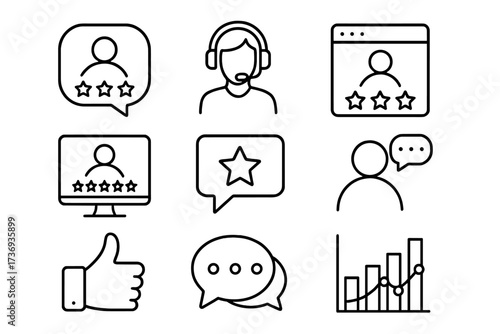 Feedback and testimonial line icon set. Customer support, rating, and review symbols collection. User experience, satisfaction, like, comment and data for web and mobile. Vector.