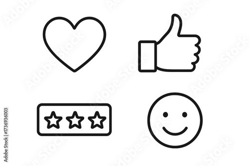 Feedback and rating line icon set. Social media like, love heart, thumb up, and smile symbols. Customer review and satisfaction outline icons for web and apps. Vector.