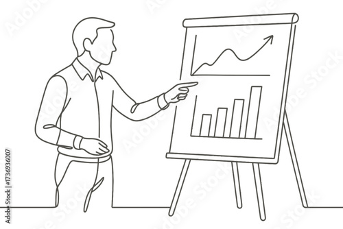 Businessman Giving Presentation and Pointing at Graph on Flip Chart, Continuous One Line Drawing

