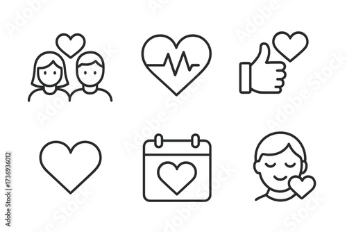 Love and romance icon set in thin line style. Vector collection of linear symbols: couple, heartbeat, like button, dating calendar, feelings. For web, app design, valentine.