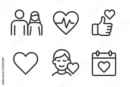 Love and romance icon set in modern line style. Vector collection includes couple, heartbeat, like button, heart symbol, self-love and calendar for a special date or anniversary.