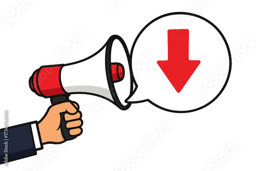 Hand holding megaphone with price drop speech bubble. Loudspeaker for marketing. Sale, discount, cost reduction. Business announcement of stock market crash, finance crisis.