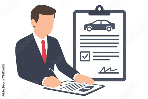 Man signing car insurance document. Client with auto protection policy. Concept of vehicle safety, property coverage, legal contract, claim form, rental agreement. Vector.